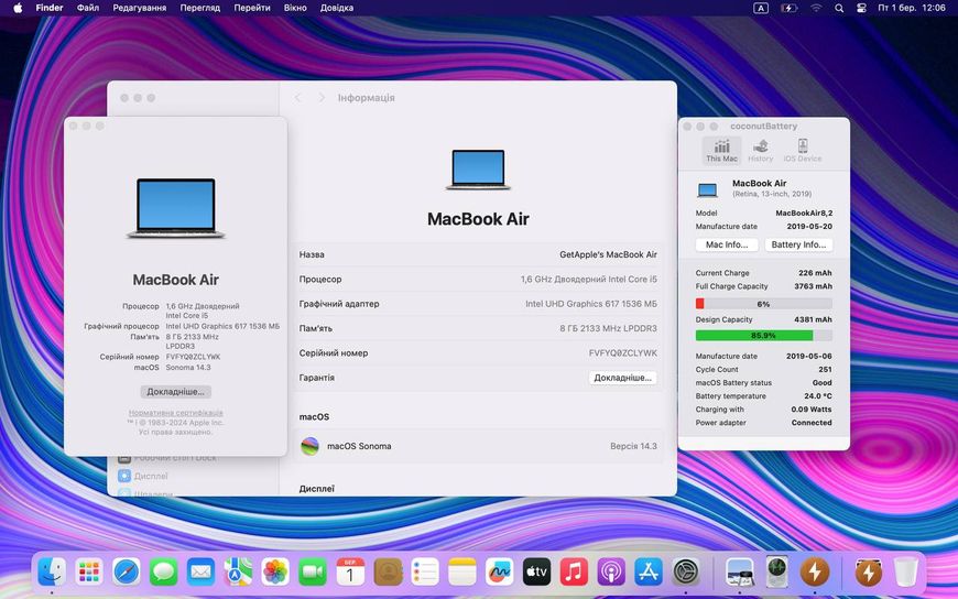 MacBook Air 13’’ 2019, i5 8GB / 256GB (A1932) АКБ 85% 2000000023519 фото